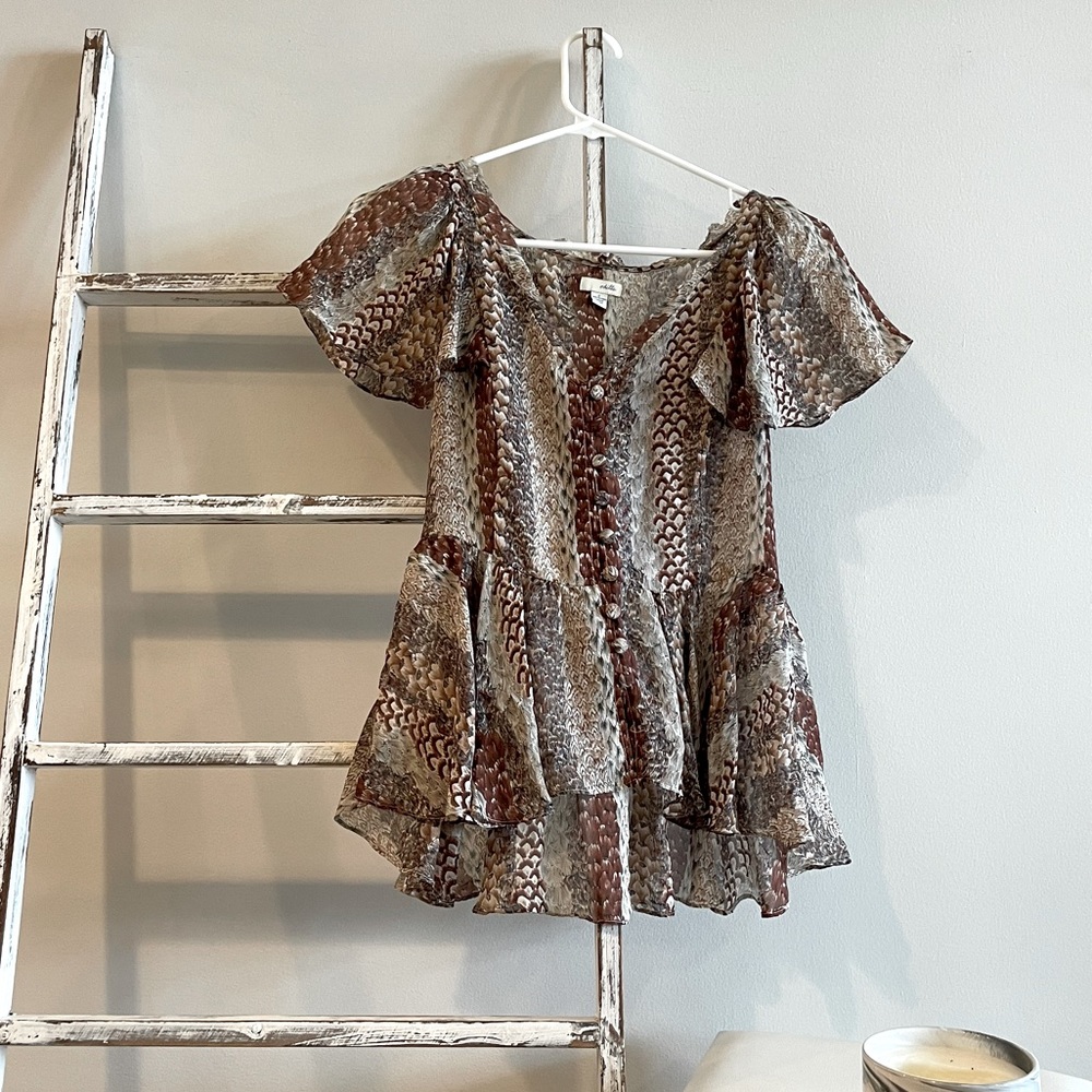 Patterned button down sheer frilly peplum top